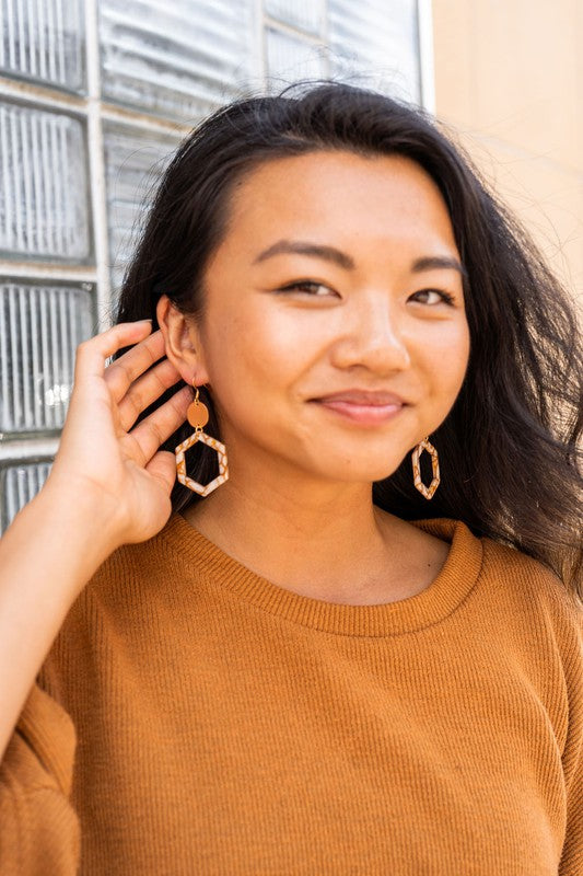 Lennox Hexagon Dangle Earrings - Pumpkin Spice with Gold Accents