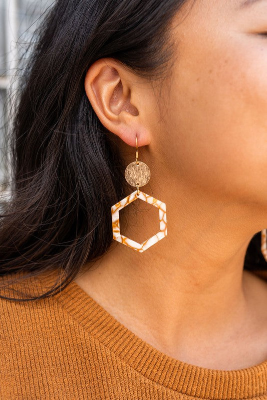 Lennox Hexagon Dangle Earrings - Pumpkin Spice with Gold Accents