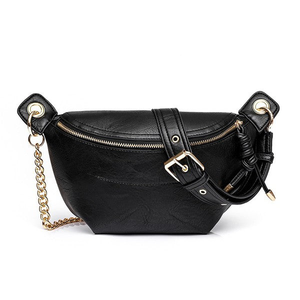 Black Luxie Convertible Sling Belt Bag front view with gold chain accent.