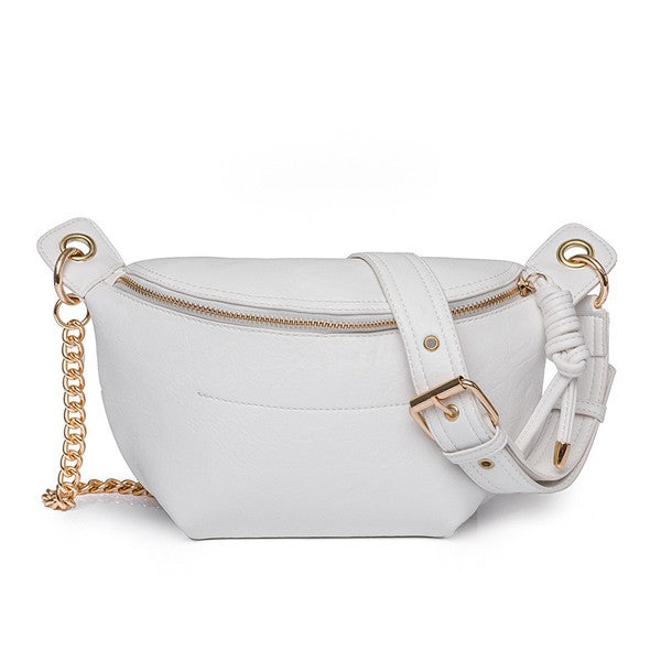White Luxie Convertible Sling Belt Bag front view with vegan leather finish.