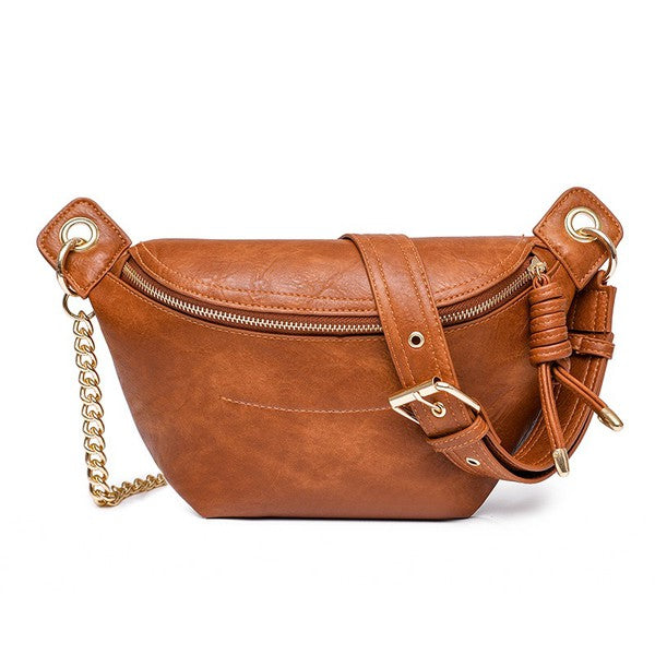 Cognac Luxie Convertible Sling Belt Bag front view with chain detail.