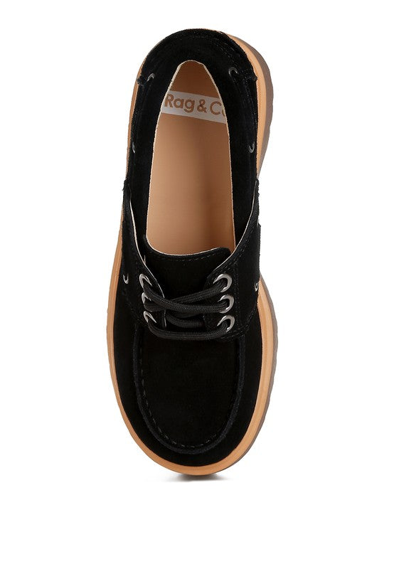 Black Suede Cuckatoos Loafers top view, lace-up closure with moccasin detail.