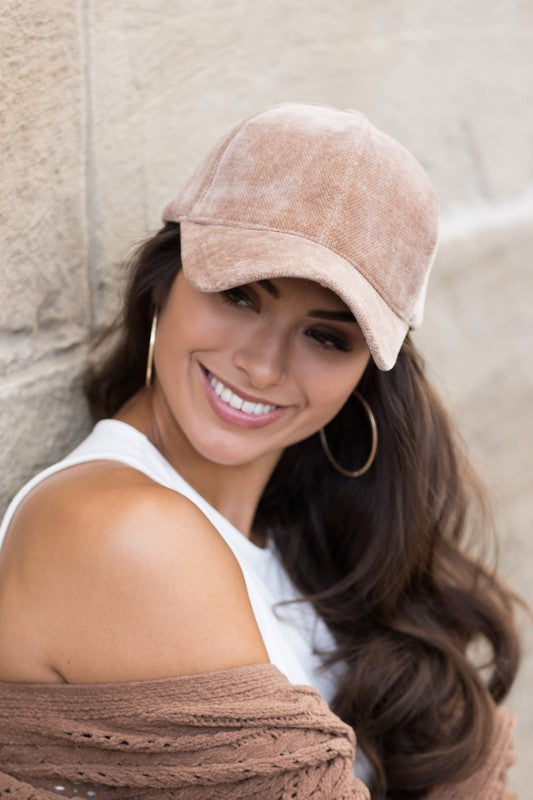 Taupe velour ball cap front angle with structured crown and curved brim