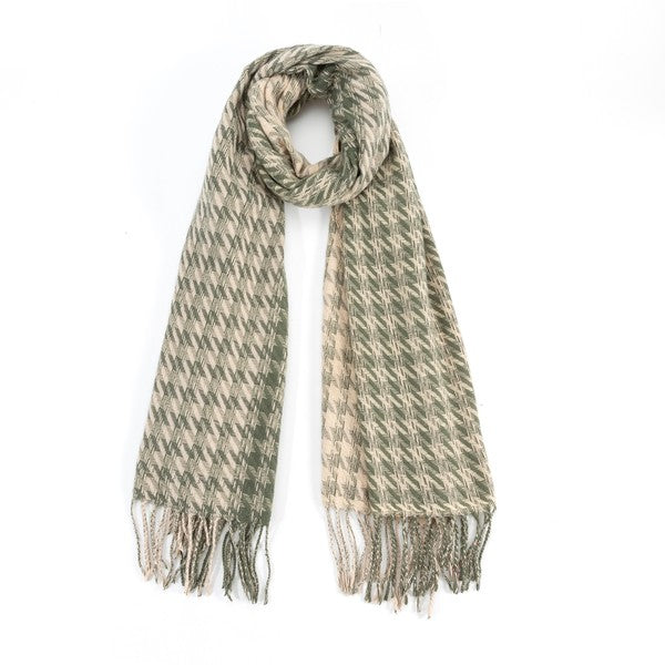 Sofiya Houndstooth Scarf in sage green two-tone print with textured fringes, perfect for a cozy winter look.