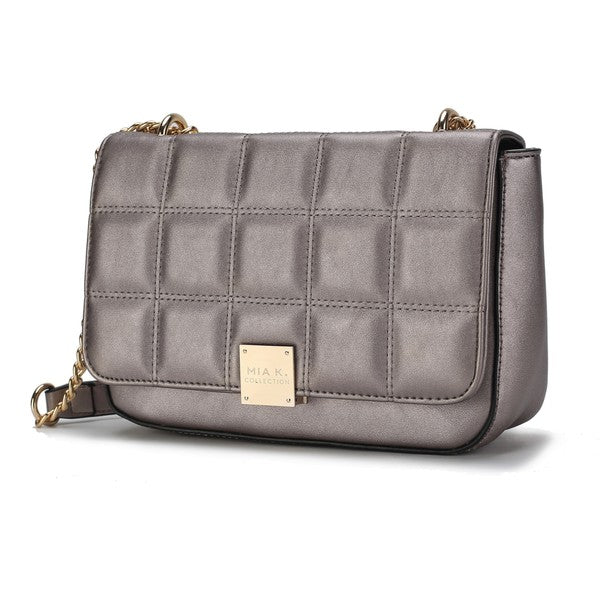 Pewter Nyra Quilted Shoulder Bag with gold-tone flip lock and compact silhouette.