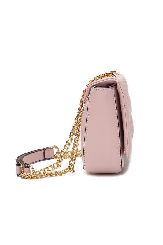 Side of pink Nyra Quilted Shoulder Bag showing slim profile.