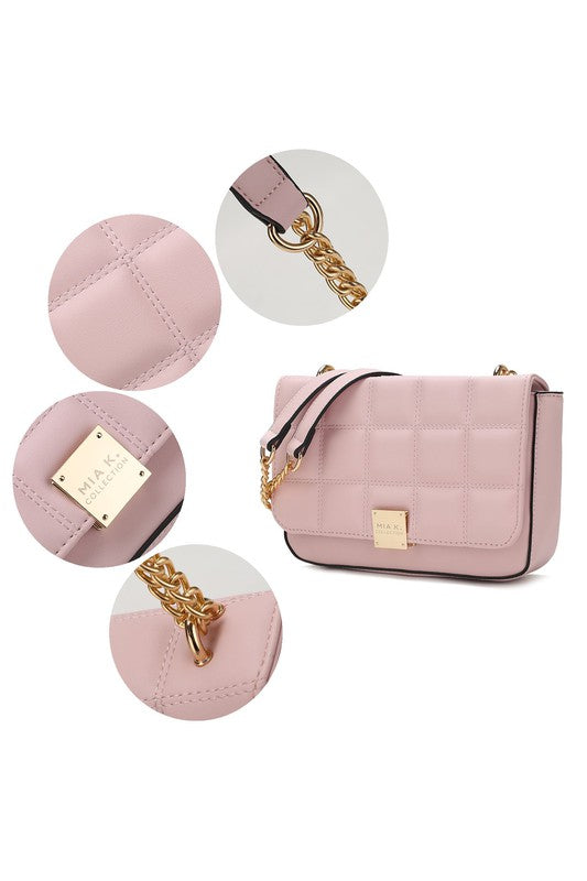 Collage showing pink Nyra bag’s quilted flap, gold-tone flip-lock hardware, and stitching detail.
