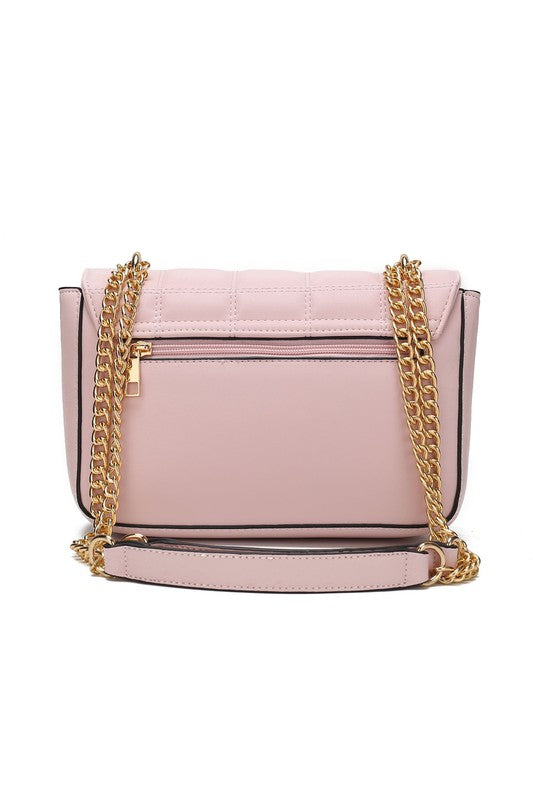 Back of pink Nyra Quilted Shoulder Bag with exterior zippered pocket.