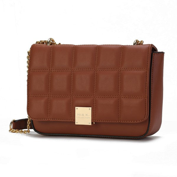 Brown Nyra Quilted Shoulder Bag with quilted flap and adjustable strap.