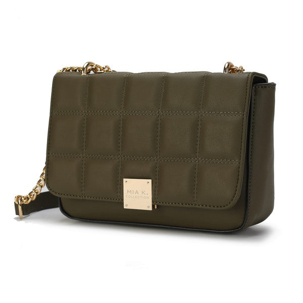 Olive Nyra Quilted Shoulder Bag with quilted flap and adjustable strap.
