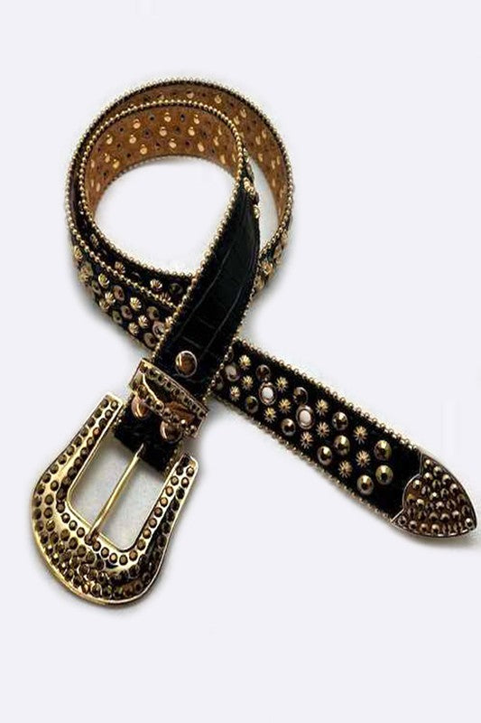 Gold and brown Julissa Crystal Western Belt unfolded, showing full length, studded crystals, and genuine leather detail.