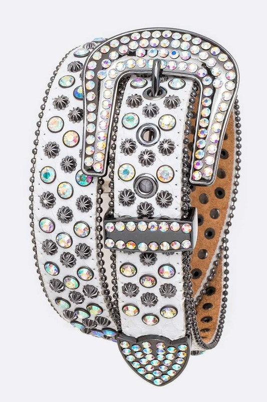 Iridescent white Julissa Crystal Western Belt rolled, sparkling crystals on genuine leather with silver buckle.