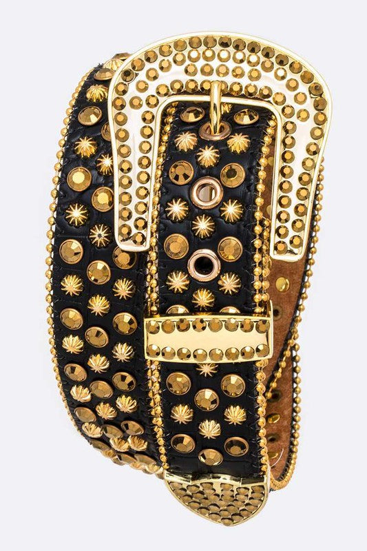 Gold and brown Julissa Crystal Western Belt rolled, crystal stud accents and ornate buckle design.