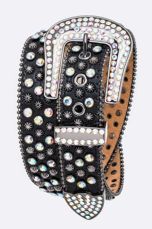 Iridescent black Julissa Crystal Western Belt rolled, shimmering crystal studs and silver-tone buckle.