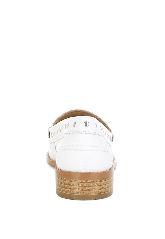 Back view of White Oglavia Studded Leather Loafers with studded strap and cushioned insole design.