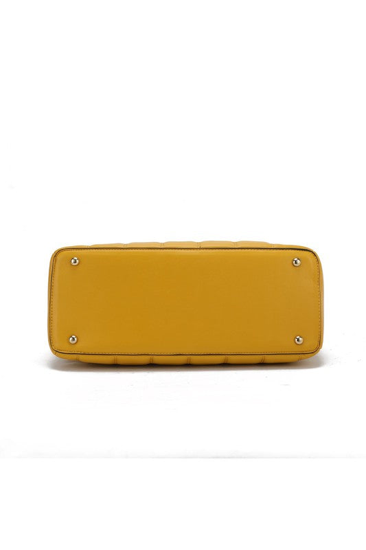 Bottom view of Mabel Quilted Shoulder Bag in Yellow by MKF showing base stitching and structure.