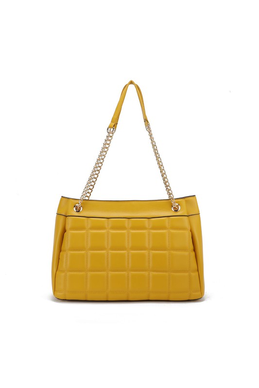 Back view of Mabel Quilted Shoulder Bag in Yellow by MKF showing rear panel and stitching.