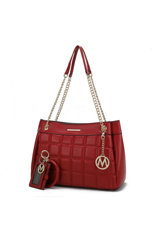 Mabel Quilted Shoulder Bag by MKF in Red with gold-tone hardware and structured silhouette.