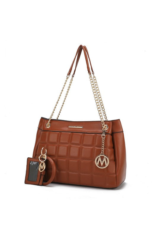Mabel Quilted Shoulder Bag by MKF in Cognac brown vegan leather with structured shape.