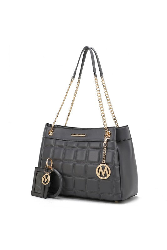 Mabel Quilted Shoulder Bag by MKF in Charcoal vegan leather with gold hardware.