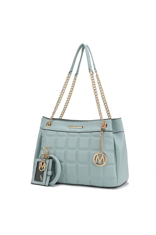 Mabel Quilted Shoulder Bag by MKF in Seafoam quilted vegan leather with bracelet keychain.