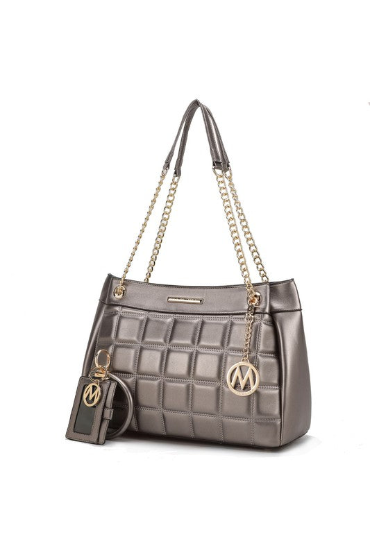 Mabel Quilted Shoulder Bag by MKF in Pewter gray metallic vegan leather with gold hardware.