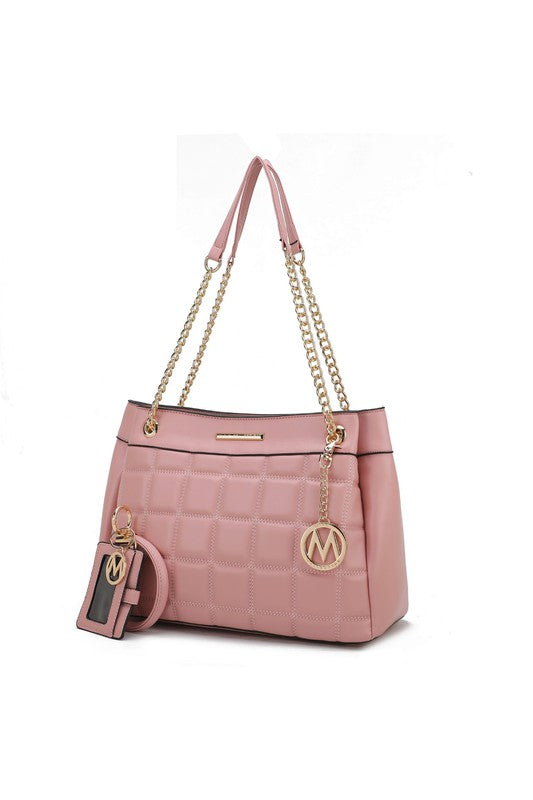 Mabel Quilted Shoulder Bag by MKF in Pink quilted texture with gold-tone details.