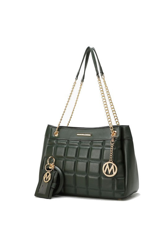 Mabel Quilted Shoulder Bag by MKF in Olive green quilted pattern with gold-tone accents.