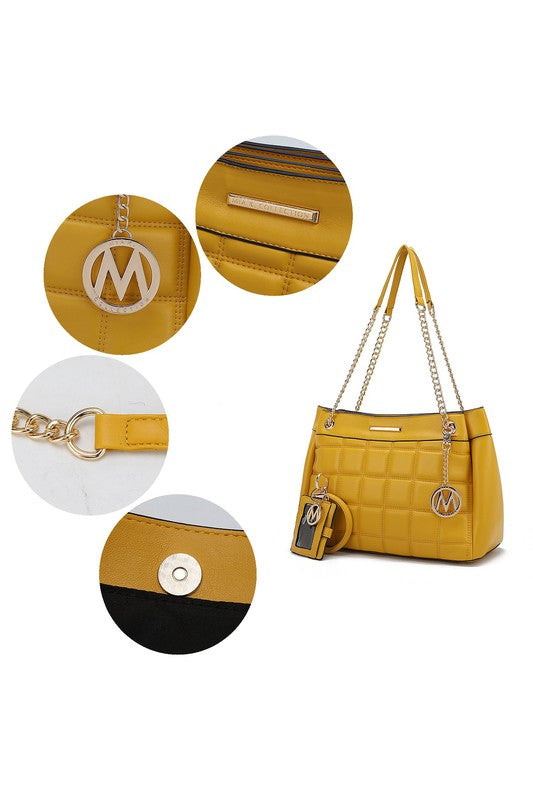 Collage of Mabel Quilted Shoulder Bag in Yellow by MKF showing hardware, texture, and stitching details.