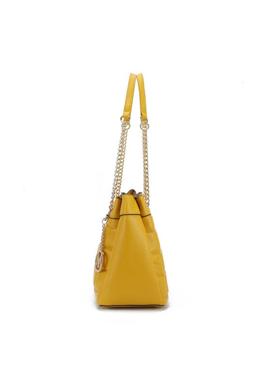 Side view of Mabel Quilted Shoulder Bag in Yellow by MKF with quilted texture and gold hardware.