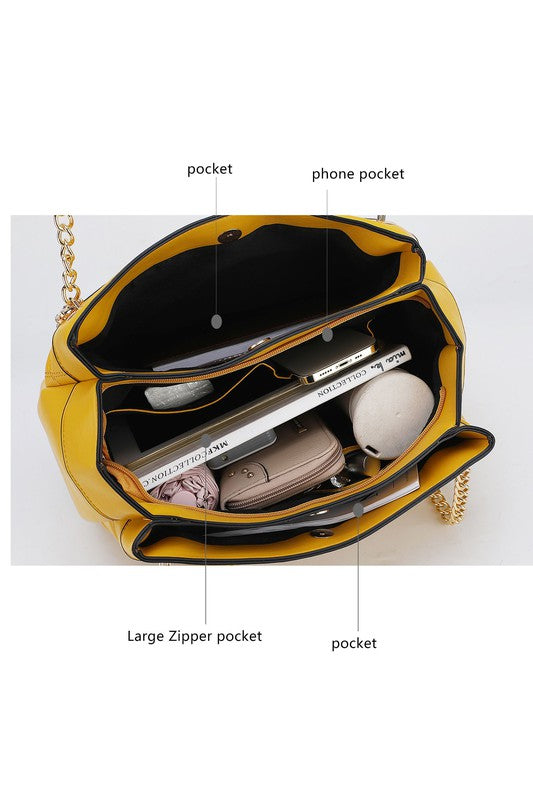 Top view of Mabel Quilted Shoulder Bag in Yellow by MKF revealing compartments and pockets.