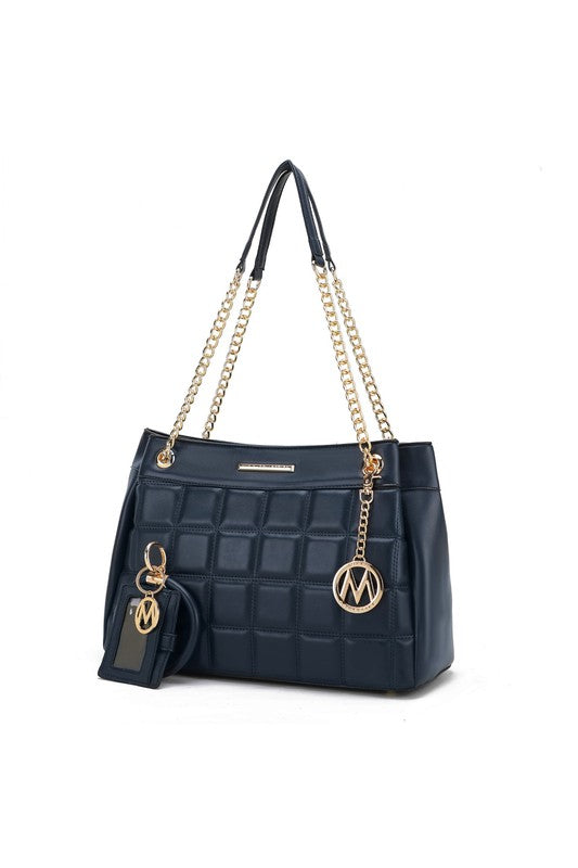 Mabel Quilted Shoulder Bag by MKF in Navy vegan leather with gold-tone hardware.