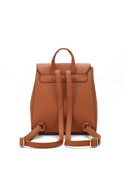 Back of brown Sansa vegan leather backpack with adjustable straps and gold-tone hardware.