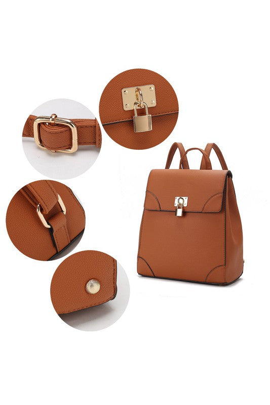 Collage showing close-ups of brown Sansa backpack hardware and stitching details.
