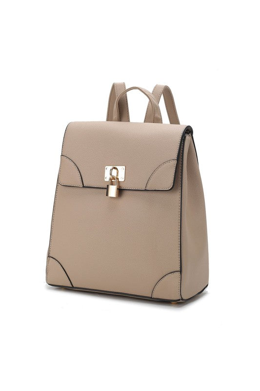 Sand Sansa backpack with gold-tone hardware and classic rounded shape.