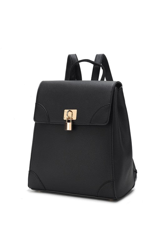Black Sansa vegan leather backpack with gold-tone hardware and top handle.