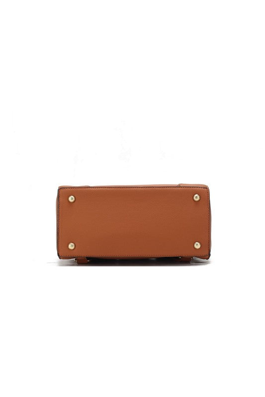 Bottom of brown Sansa backpack with sturdy base and reinforced stitching detail.