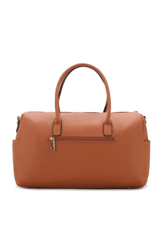 Back of Luana Quilted Duffle Bag in Brown showing back zippered pocket.