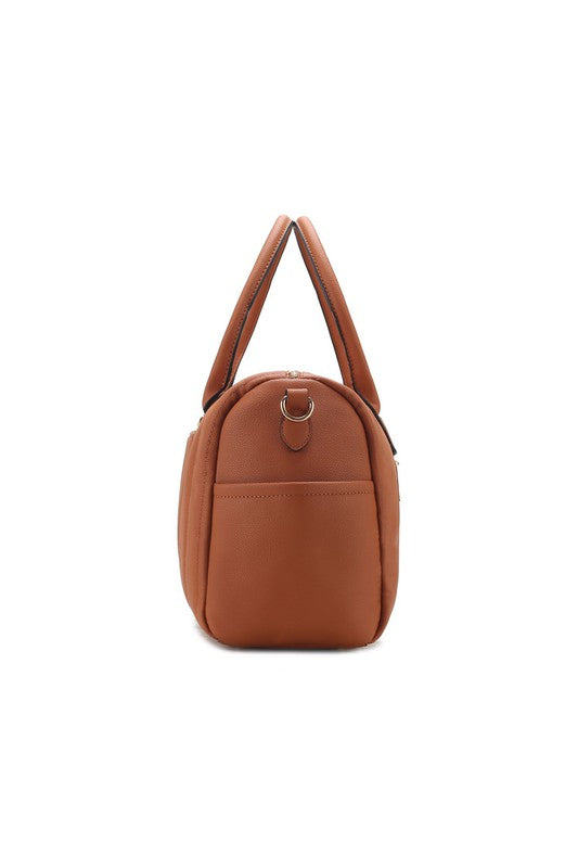 Side view of Luana Quilted Duffle Bag in Brown highlighting side slip pocket and gold-tone details.