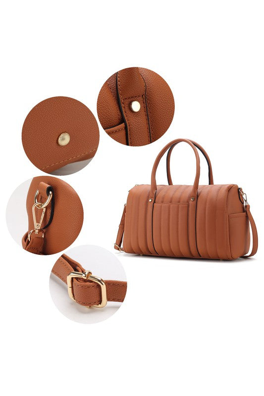 Collage of Luana Quilted Duffle Bag in Brown with close-up details of hardware, stitching, and texture.