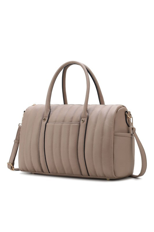 Luana Quilted Duffle Bag in Taupe with gold hardware and roomy interior.