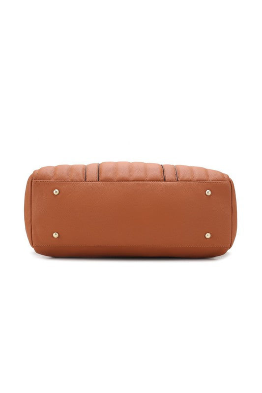 Bottom view of Luana Quilted Duffle Bag in Brown with protective metal feet.
