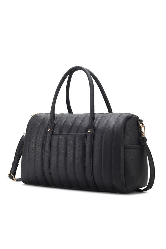 Luana Quilted Duffle Bag in Black with quilted vegan leather and top handles.