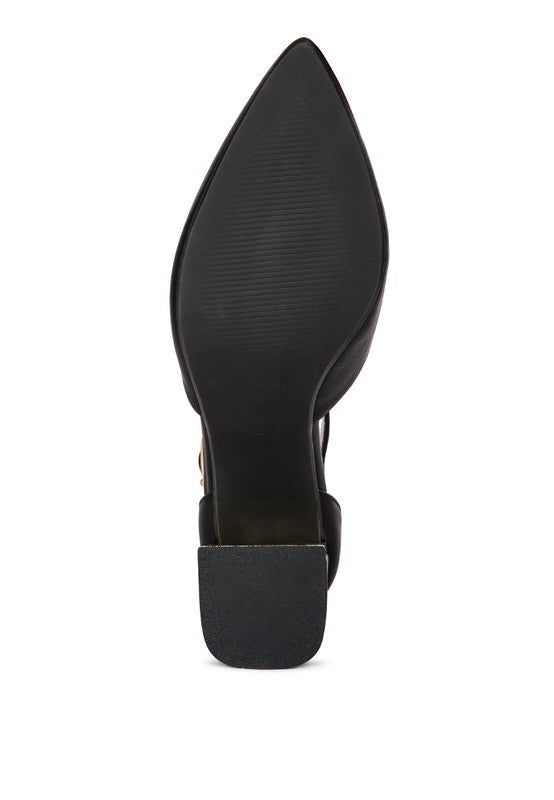 Bottom view of Black Myla Faux Leather Sling Heeled Sandals outsole and heel base