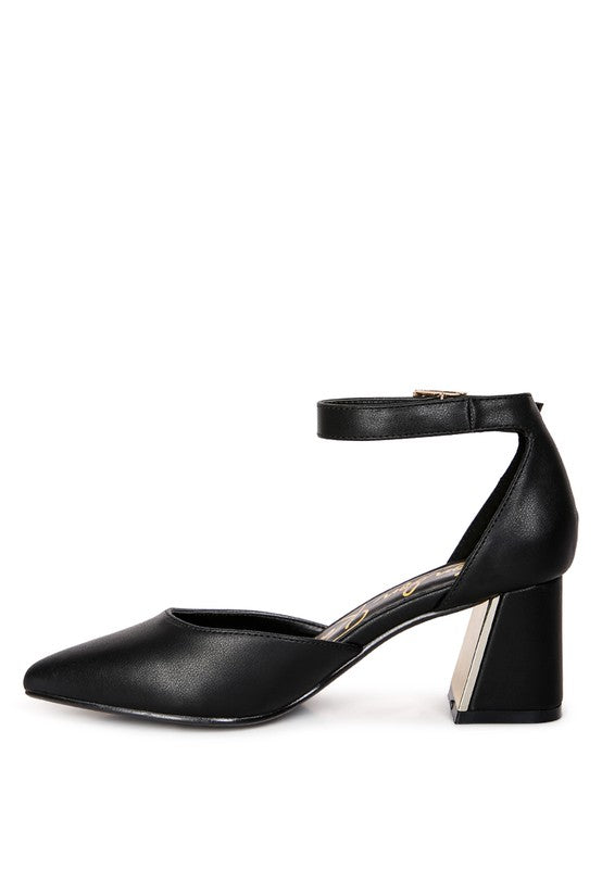 Black Myla Faux Leather Sling Heeled Sandals side view showing angled block heel