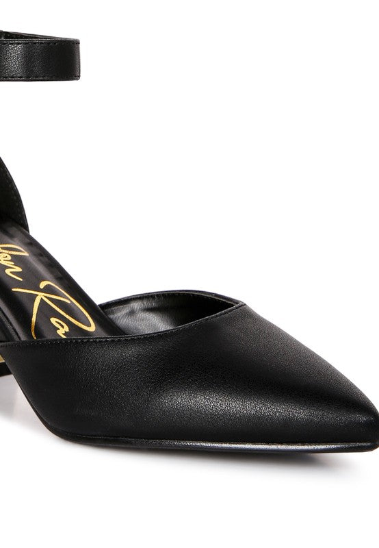 Close up of Black Myla Faux Leather Sling Heeled Sandals gold accent detail