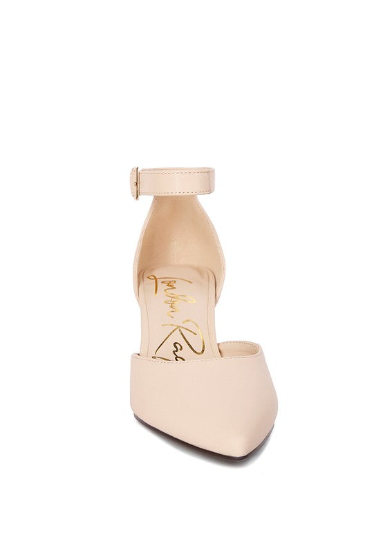 Beige Myla Faux Leather Sling Heeled Sandals front view with pointed toe