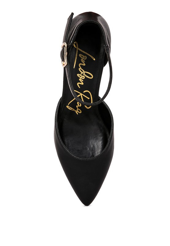 Top view of Black Myla Faux Leather Sling Heeled Sandals with closed pointed toe