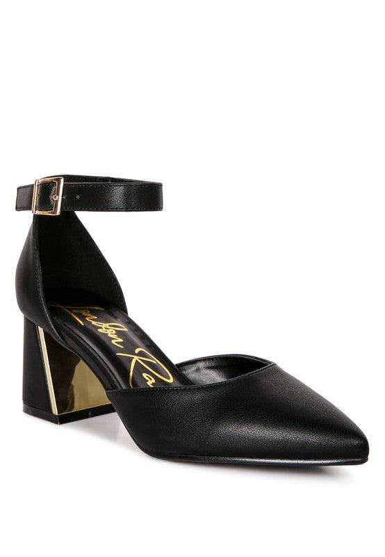 Black Myla Faux Leather Sling Heeled Sandals front angle with gold accent