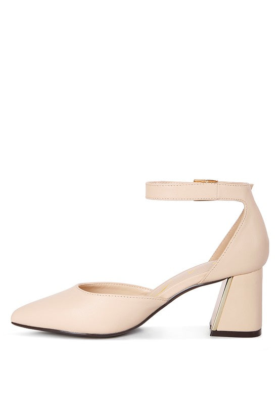 Beige Myla Faux Leather Sling Heeled Sandals side view with angled block heel